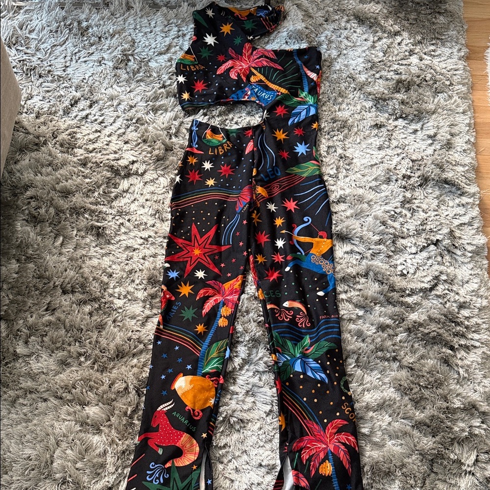 Colorful Zodiac Print Cutout Jumpsuit